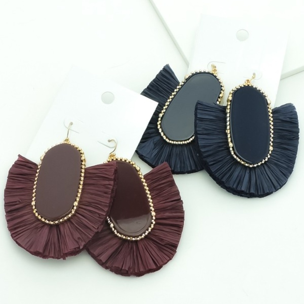 Gold and Burgundy Raffia Fan Statement Earrings - Picture 2 of 2